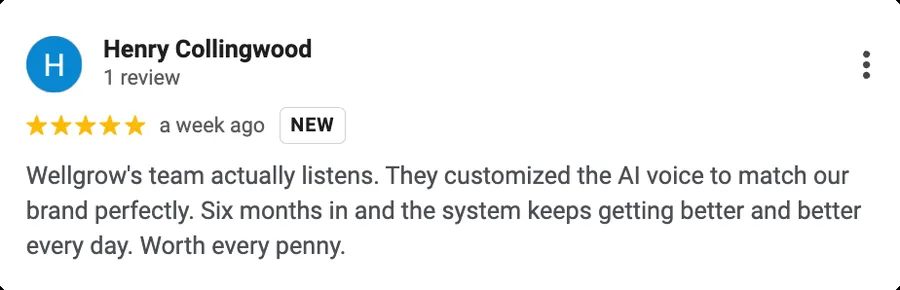 Google review: they customised the AI voice to match our brand